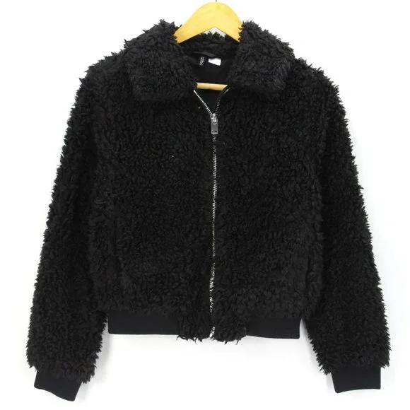 H&M Divided Jacket Black Furry Women's Full Zip Long Sleeve Size Medium M - Main Image